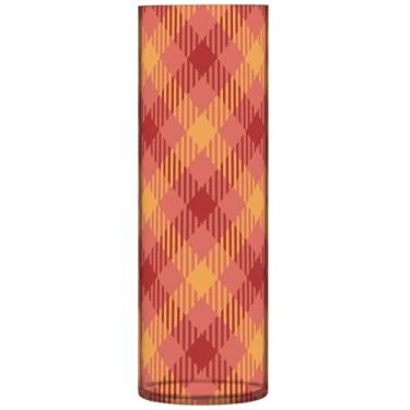 Imagem de Vaso redondo de plástico xadrez vermelho laranja tartã bonito vaso de flores decoração de apartamento estético, 30 cm x 9,9 cm