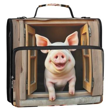 Imagem de Fichários fofos Happy Pig Window Peek de 3 cm com 3 anéis, fichário resistente com zíper, com alça, pasta de armazenamento de bolsa escolar com alça