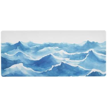 Imagem de Tapete de mouse branco Blue Mountain Waves para mesa para jogos e escritório, tapete de mesa grande, 89,9 x 39,9 cm, superfície lisa e antiderrapante