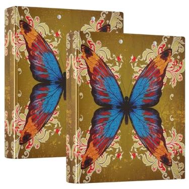 Imagem de Fichários de 3 anéis de borboleta vintage personalizados com asas vibrantes de 3 cm comporta 200 folhas, pastas, anel redondo fofo, fichário de apresentação, 31,5 x 27 x 6 cm, pacote com 2