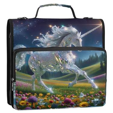 Imagem de Organizador de fichário colorido com zíper de 3 cm, pasta de armazenamento de unicórnio de diamante resistente com alça para fichário de ensino médio com alça