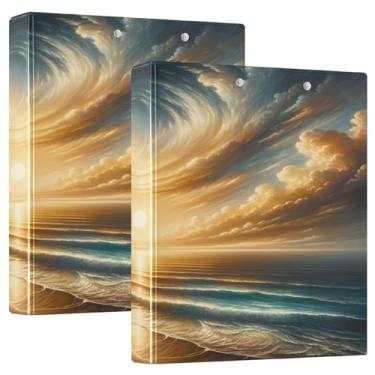 Imagem de Pacote com 2 pastas de 3 anéis laranja pôr do sol oceano, PVC, comporta 200 folhas, fichário grande com três anéis