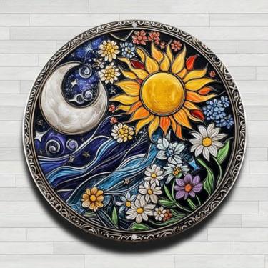 Imagem de Placa de parede redonda vintage de alumínio rústico de sol e lua com flores de 20 cm, presentes e decoração para casa, escritório, café e quintal