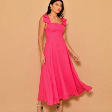 Imagem de Vestido midi luxo liso duna linho com laço na ombr - Helena, Pink, Uni
