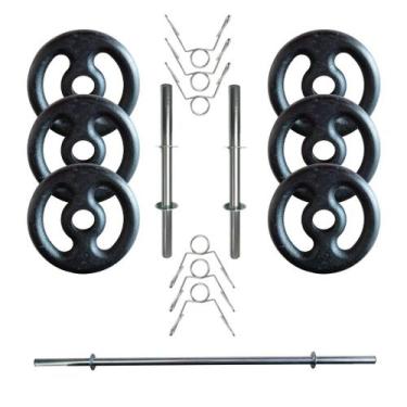 Imagem de Kit 20 Kg de Anilhas Ferro Fundido + Barras de Supino e Halteres - 2M