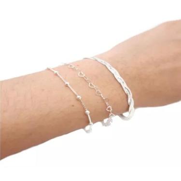 Imagem de Kit 3 Pulseiras Fio Bolinha Coração Extensor 21cm Prata 925 - Lojas La