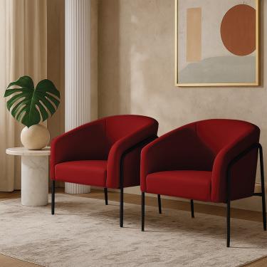Imagem de Poltrona Sala Decorativa Kit 2 Stella Base Alta Tubo Preto Veludo Marsala D03 - D'Rossi
