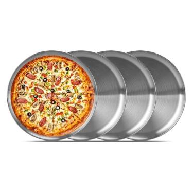 Imagem de JBESUHI Pacote com 4 formas de pizza de aço inoxidável de 33 cm – Assadeiras redondas para forno, pratos de servir comida para torta, biscoito