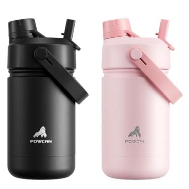Imagem de POWCAN Pacote com 2 garrafas de água isoladas infantis de 340 g para escola: à prova de vazamento, tampa de bico de canudo 2 em 1, livre de BPA, manter frio 24 horas, copo de aço inoxidável para