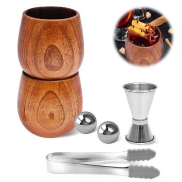 Imagem de Conjunto de 2 copos de uísque de madeira, 230 g, copo de bourbon exclusivo feito à mão com bola de gelo de aço inoxidável e grampo de gelo, copo de uísque vintage antiquado para homens, pai, irmão e