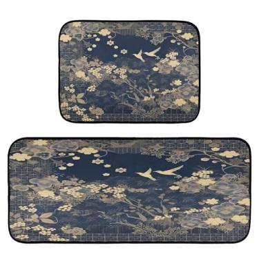 Imagem de xigua Conjunto de 2 peças de tapetes e tapetes de cozinha de flores estilo japonês, tapetes de cozinha macios absorventes para o chão, tapete de cozinha, antiderrapante, conjunto de capachos, 50 x 120