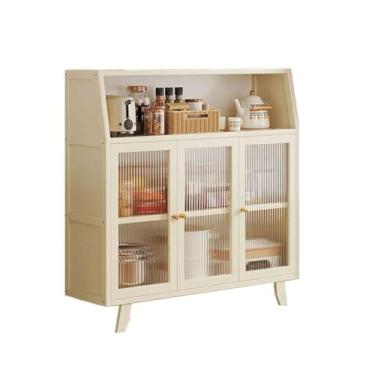 Imagem de KHUTRW3D Aparador de vidro de três portas para cozinha e sala de estar com compartimentos de armazenamento armário buffet