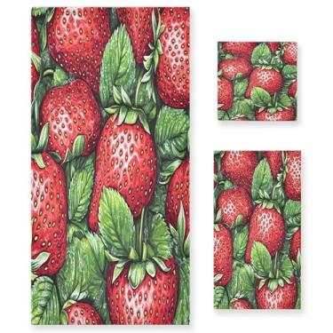 Imagem de xigua Conjunto de toalhas de banheiro de morangos vermelhos absorvente macio 3 peças toalha de banho toalha de mão toalhas decorativas para banheiro, academia, hotel, praia, piscina