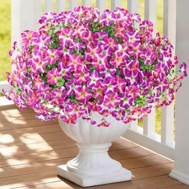 Imagem de KHOYIME Flores artificiais para atividades ao ar livre, 12 pacotes de flores falsas roxo fúcsia roxo glória da manhã resistentes a UV flores de seda realistas para plantadores primavera verão casa