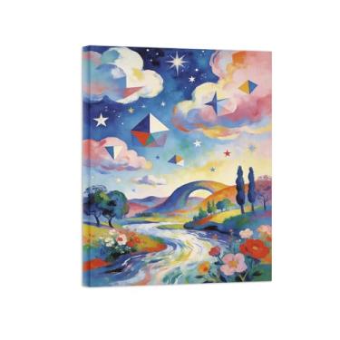 Imagem de Impressão em tela de arte de parede de paisagem-flores rio árvore pintura decoração quadros para sala de estar pronto para pendurar 50x65cm20x26in tela embrulhada