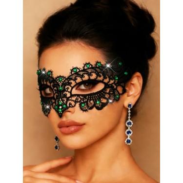 Imagem de Ursumy Black Lace Masquerade Mask for Women Eye Masks for Party Costume Rhinestone Crystal Mask (Green)