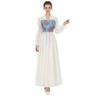Imagem de XINVTIV Vestido longo medieval vintage vitoriano florido estampado ajustável mangas bufantes para Halloween