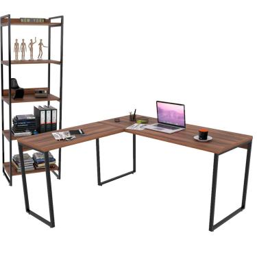 Imagem de Kit Mesa De Escritório Industrial em L com Estante 5 Prateleiras Form C01 150x150 Nogal - Lyam Decor