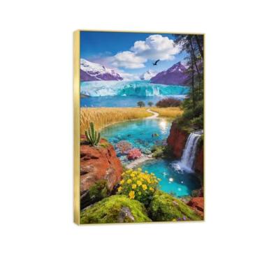 Imagem de BMZFYBS Impressão em tela de paisagem pronta para pendurar - neve montanha nuvens lago pintura de arte de parede decoração de casa moderna imagem moldura dourada 50 x 75 cm 20 x 30 pol