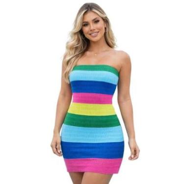 Imagem de Vestido Tomara que Caia Modelo Virginia Vih Triny Tricô Listrado Colorido-Feminino