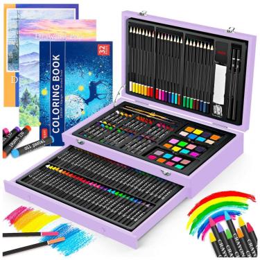 Imagem de Kit Lápis de Cor Profissional com Maleta de Madeira 150 peças Tintas Acrílicas, Aquarela, Roxa, IBAYAM, Violeta