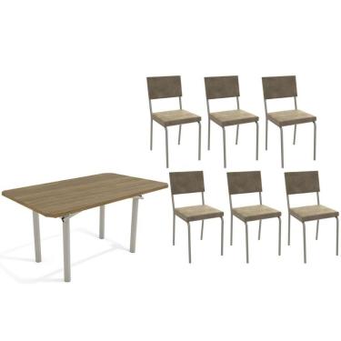 Imagem de Conjunto: Mesa Sala Jantar Elba C- Tampo De Madeira 160cm E 6 Cadeiras Zaria Niquel-nogueira - Suede Bege - Kappesberg