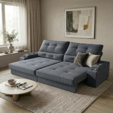 Imagem de Sofá Retrátil Reclinável 4 Lugares Porta-copos USB Linho 2,30m Santiago