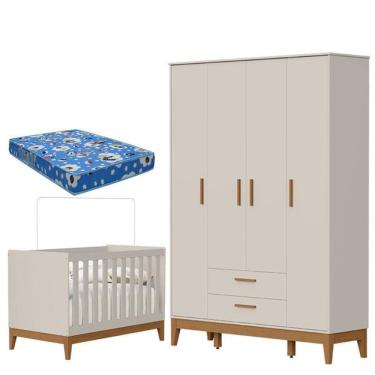 Imagem de Guarda Roupa Infantil 4 Portas com Berço Americano Flip Areia Acetinado com Colchão Ortobom - Reller