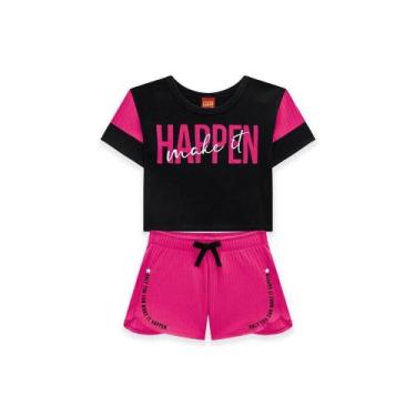 Imagem de Conjunto Roupa Infantil Menina Blusa Estampa Happen + Short Confortáve