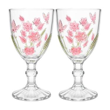 Imagem de Jogo 2 Taça de Vidro Decorada Flores Borboletas Spring para Água e Vin