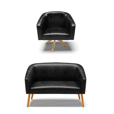 Imagem de Kit 1 Namoradeira E 1 Poltrona Preto Base Madeira