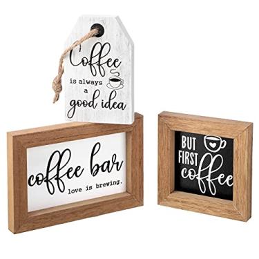 Imagem de 3 peças placa de decoração de cafeteria, mas primeiro sinal de madeira de café, mini parede de casa de fazenda, placa de arte de madeira rústica, bar, acessórios de prateleira de mesa, para decoração