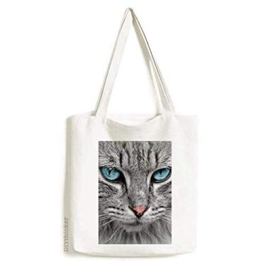 Imagem de Bolsa sacola de lona com olhos azuis e estampa de gato cinza