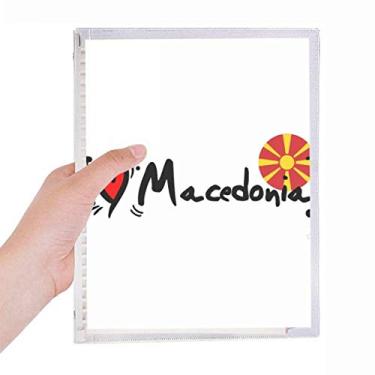 Imagem de Caderno com ilustração de coração I Love Macedônia, bandeira da palavra Love com folhas soltas, diário recarregável, papelaria
