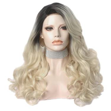 Imagem de Peruca de renda loira ombré ondulada sintética com tela frontal, peruca de fibra resistente ao calor sem cola