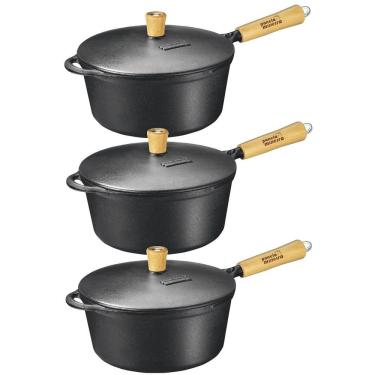 Imagem de Kit Caçarolas de Ferro Tampa Ferro Cabo Madeira 19,21 e 25cm