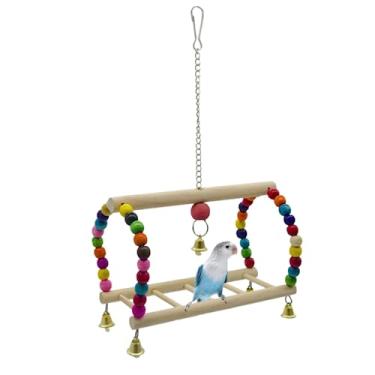 Imagem de Brinquedos de balanço de papagaio, escadas de escalada brinquedo de sino pendurado contas de madeira coloridas poleiro de pássaro para periquito, calopsita ararara, cacatua cinza africana, periquito, passarinho tentilhão