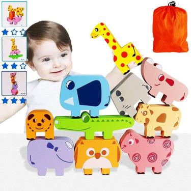 Imagem de Blocos de madeira empilháveis Brinquedos com mais de 18 meses de idade, 10 Montessori Animals Stacker Building Puzzle com 10 unidades de cartões de ní