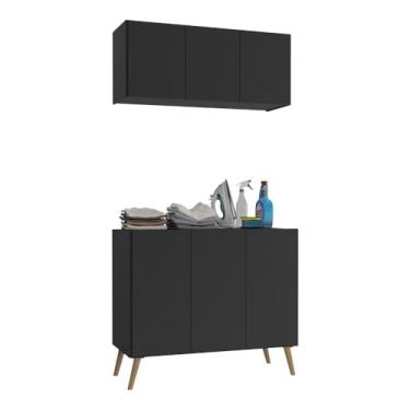 Imagem de Conjunto Lavanderia Retrô Multiuso Armário Aéreo e Balcão 3 Portas Multimóveis Mp5050 Preto/natural