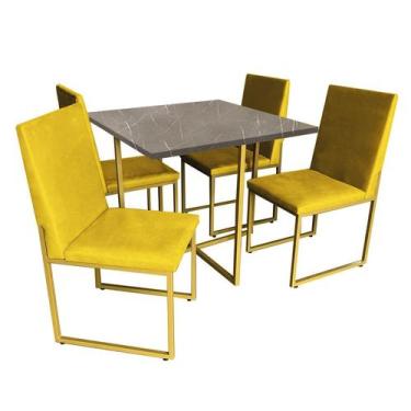 Imagem de Kit Mesa De Jantar Thales Com 4 Cadeiras Sttan Ferro Dourado Tampo Mar