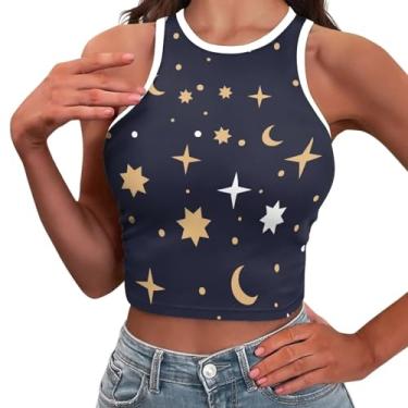Imagem de Yewattles Regatas femininas, colete feminino sem mangas cropped elástico verão roupas ao ar livre tamanho PP-2GG, Estrelas da lua, GG