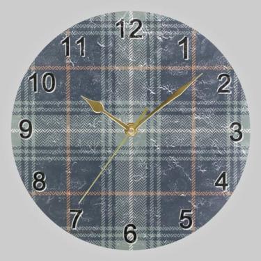 Imagem de CHIFIGNO Relógio de parede redondo xadrez azul, cinza, marrom, relógio redondo, decoração de parede, relógio operado por bateria para casa, escola, escritório