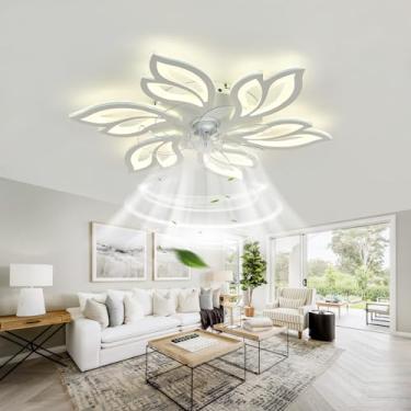 Imagem de Ventiladores de teto de quarto com luzes reguláveis Design criativo reversível 6 velocidades Ventilador de luz de teto e temporizador inteligente remoto Luz de ventilador de teto grande Sile