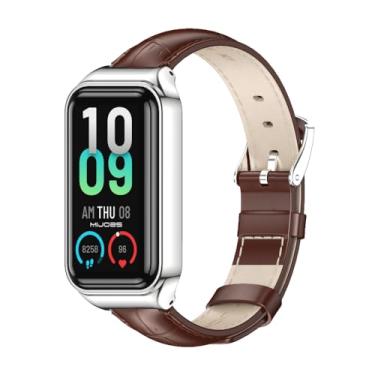 Imagem de MIJOBS Pulseira para Amazfit Band 7, pulseira de substituição de couro legítimo, acessórios para Amazfit 7, 2 marrons + prata