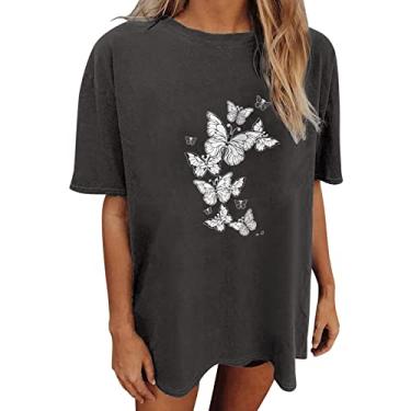 Imagem de Blusas femininas de verão grandes de manga curta com estampas para sair, blusas modernas de algodão, camisetas florais, túnicas para coquetéis, Cinza escuro, M