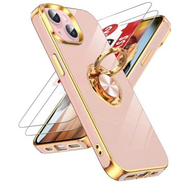 Imagem de LeYi Capa de telefone para iPhone 15 Plus 6.7: com protetor de tela de vidro temperado [2 unidades] Suporte magnético giratório de 360° com suporte magnético, capa protetora de borda de ouro rosa para
