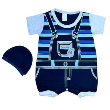 Imagem de Macacão Bebê Curto Com Chapéu para Menino Roupa Bebe 100% algodão (Azul Marinho)