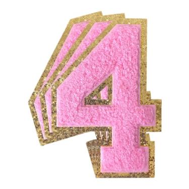 Imagem de 3 peças de remendos de número de chenille rosa glitter ferro em remendos de letras Varsity Remendos bordados de chenille costurar em remendos para roupas chapéu bolsas jaquetas camisa (rosa, 4)