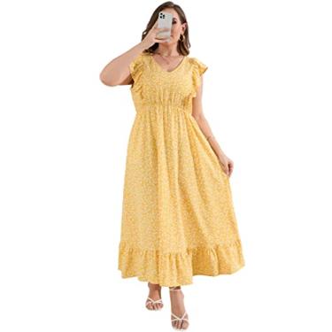 Imagem de KOJOOIN Vestido feminino plus size de verão com bolso com babados, sem mangas, decote em V, fenda lateral, vestido longo de praia, Flor amarela - 1, 5G
