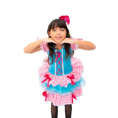 Imagem de Vestido Infantil Caipira Rosa e Azul Xadrez Junino com Arco